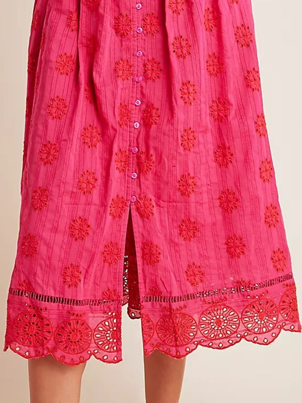 NWT Anthropologie Embroidered Eyelet Scallop Trim Midi Dress Pink Pockets M - Picture 5 of 8